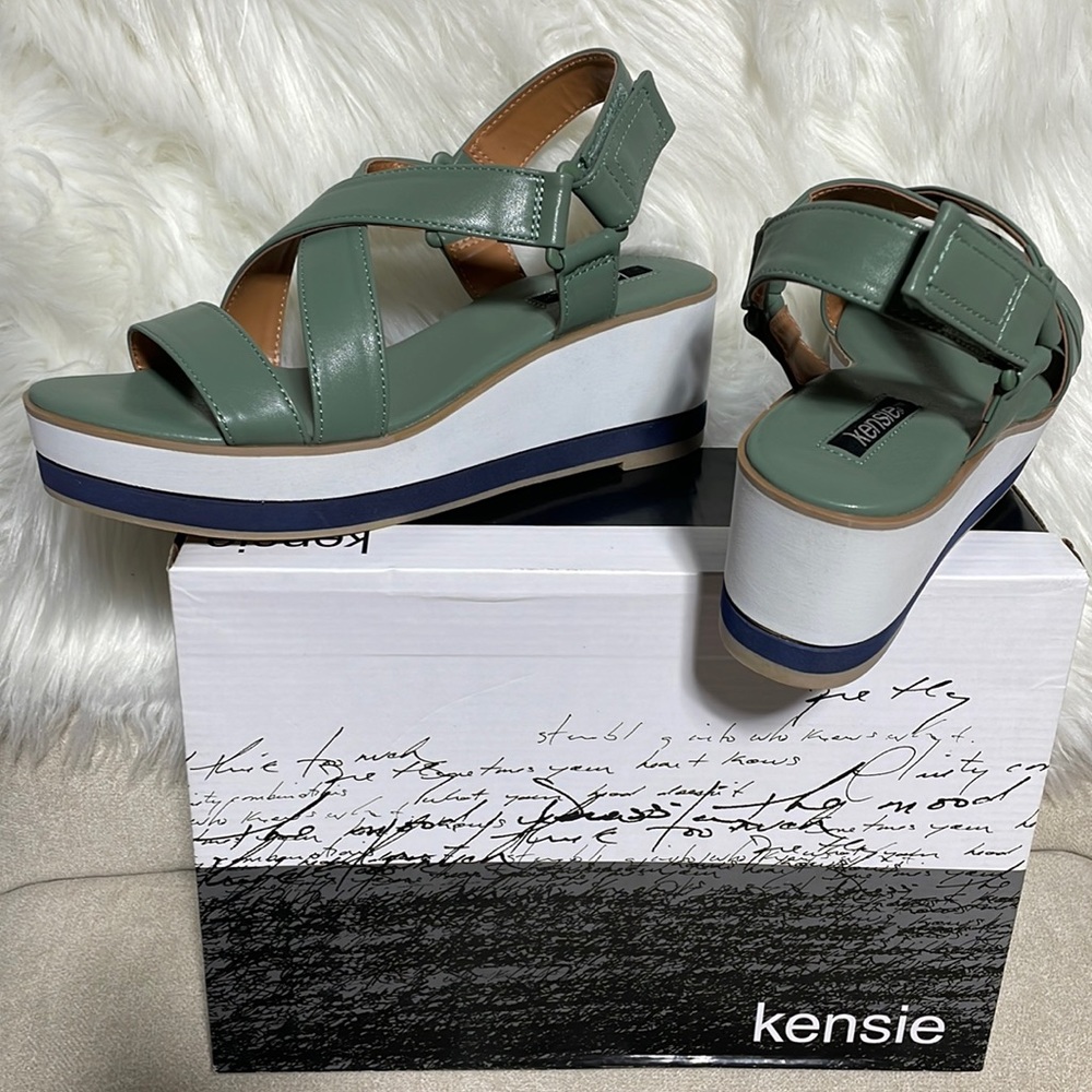 Kensie sage wedge flatform strappy open toe sandals green army NIB 8M 9.5M - Picture 10 of 14